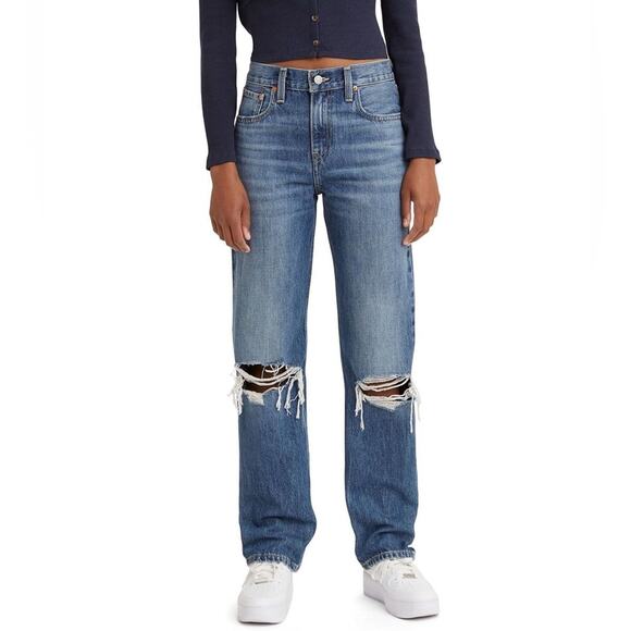 Levi’s Low Pro Straight Mid Rise Distressed Knees Dark Wash Jeans Size 26 - Picture 1 of 6